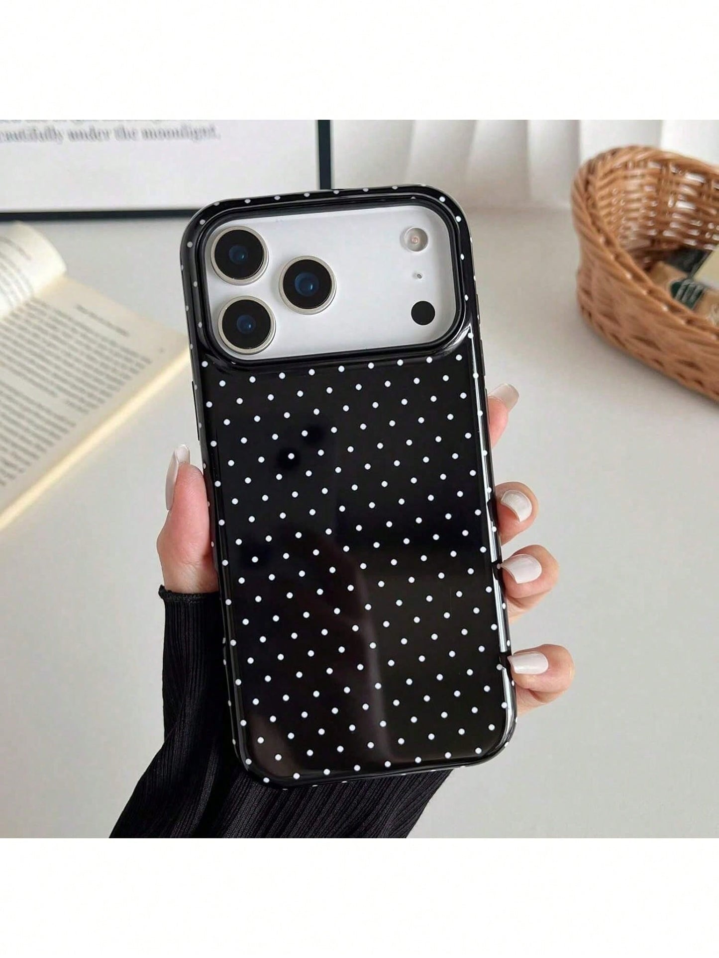 GIIPPA Black Background White Polka Dot 2-In-1 Glossy Texture Phone Case, Compatible With Phone 17, 17 Air, 16, 15, 14, 13, 12, 11, Pro Max, Plus, X, XS