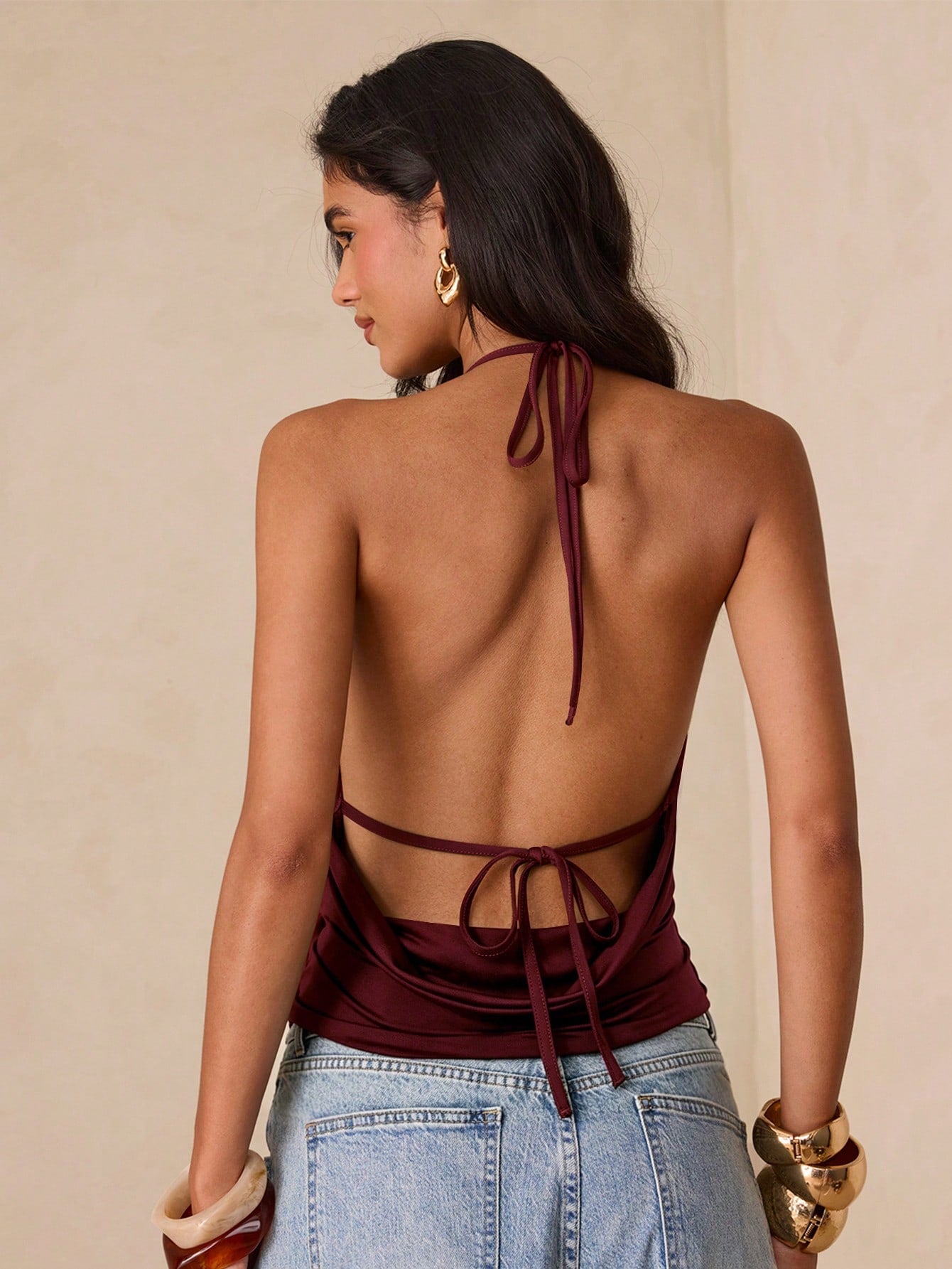 Glamine Brown Color Sexy Ruched V Neck Backless Strap Top,Elevated Elegance Top,Prom Top,Rave Top Festival,Streetwear,Women Birthday Top,Concert Top,Club Top,Date Night Top,Party Must Have,Basic Top,G