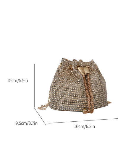 Glamorous Glitter Bling, Sequin, Luxury, Shiny Mini Rhinestone Decor Drawstring Design Chain Bucket Bag, Perfect Bride Purse For Wedding, Prom & Party Events Evening Bag, Dinner Bag For Party Girl, Wo