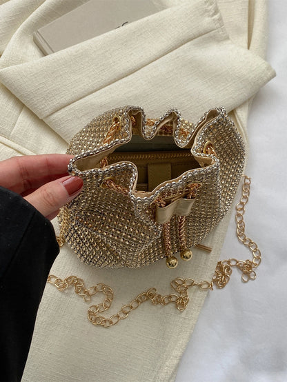 Glamorous Glitter Bling, Sequin, Luxury, Shiny Mini Rhinestone Decor Drawstring Design Chain Bucket Bag, Perfect Bride Purse For Wedding, Prom & Party Events Evening Bag, Dinner Bag For Party Girl, Wo