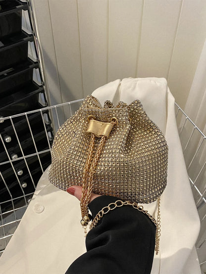 Glamorous Glitter Bling, Sequin, Luxury, Shiny Mini Rhinestone Decor Drawstring Design Chain Bucket Bag, Perfect Bride Purse For Wedding, Prom & Party Events Evening Bag, Dinner Bag For Party Girl, Wo
