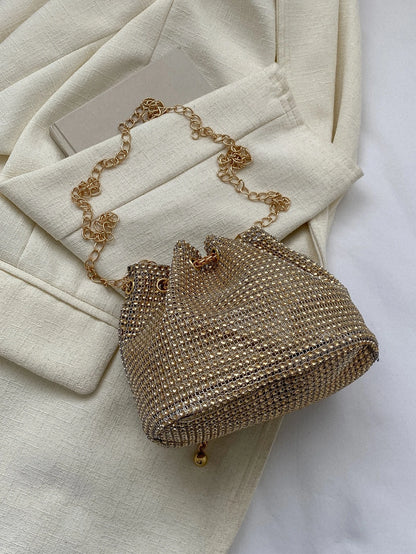 Glamorous Glitter Bling, Sequin, Luxury, Shiny Mini Rhinestone Decor Drawstring Design Chain Bucket Bag, Perfect Bride Purse For Wedding, Prom & Party Events Evening Bag, Dinner Bag For Party Girl, Wo