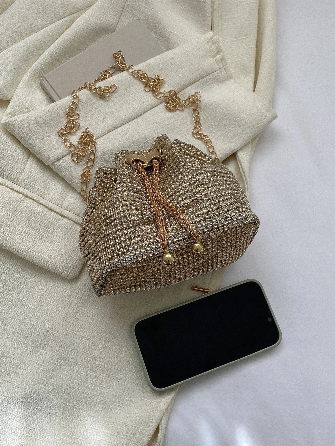 Glamorous Glitter Bling, Sequin, Luxury, Shiny Mini Rhinestone Decor Drawstring Design Chain Bucket Bag, Perfect Bride Purse For Wedding, Prom & Party Events Evening Bag, Dinner Bag For Party Girl, Wo