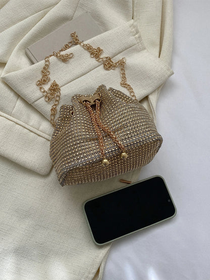 Glamorous Glitter Bling, Sequin, Luxury, Shiny Mini Rhinestone Decor Drawstring Design Chain Bucket Bag, Perfect Bride Purse For Wedding, Prom & Party Events Evening Bag, Dinner Bag For Party Girl, Wo