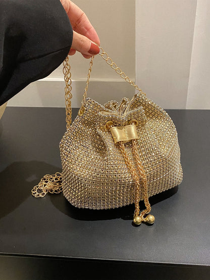 Glamorous Glitter Bling, Sequin, Luxury, Shiny Mini Rhinestone Decor Drawstring Design Chain Bucket Bag, Perfect Bride Purse For Wedding, Prom & Party Events Evening Bag, Dinner Bag For Party Girl, Wo