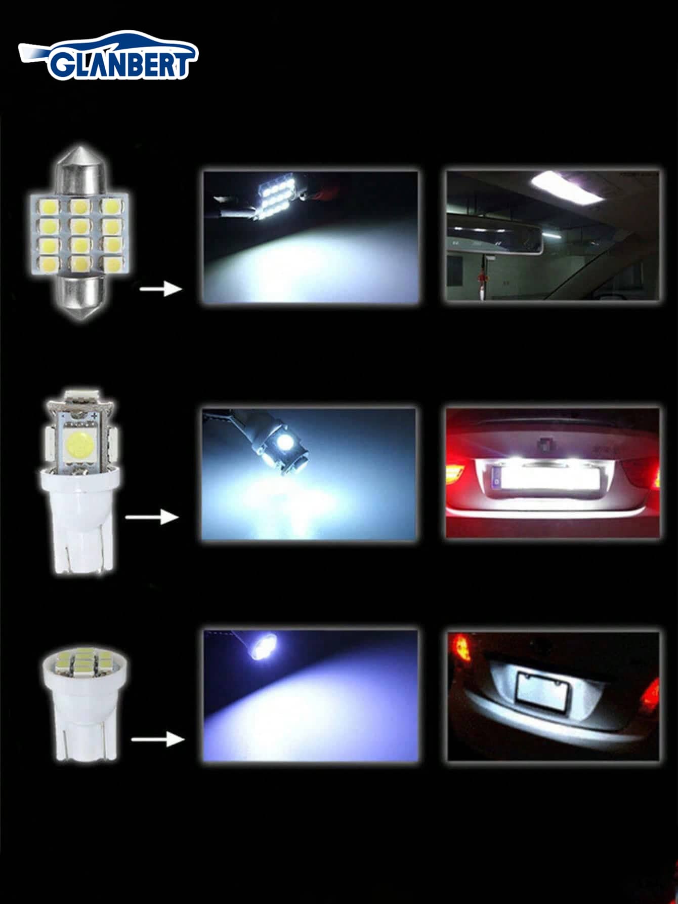 GLANBERT 13pcs/Set LED Lights White T10 Car Interior Light Bulb Reading Light 31mm Map Dome License Lamp