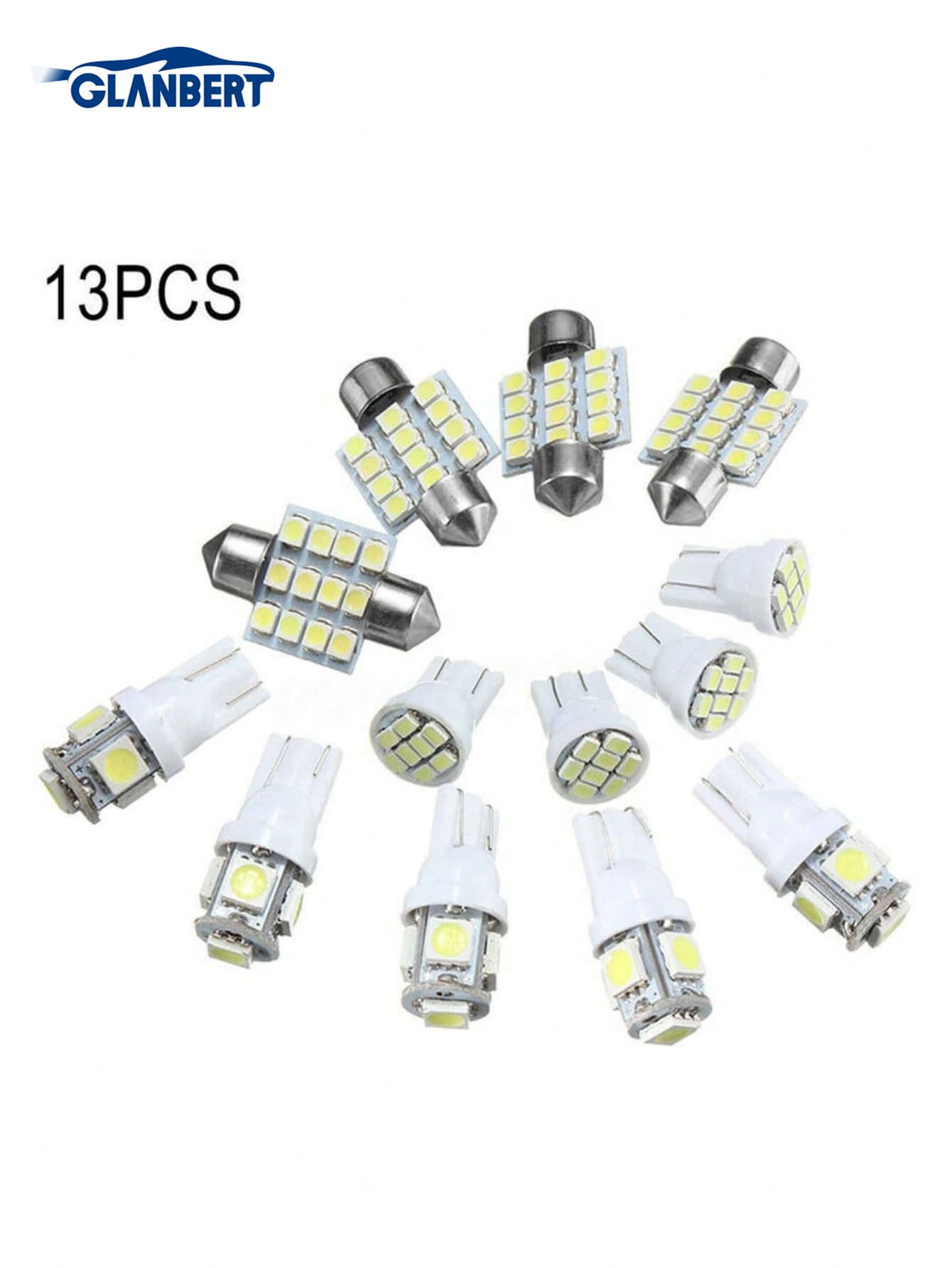 GLANBERT 13pcs/Set LED Lights White T10 Car Interior Light Bulb Reading Light 31mm Map Dome License Lamp