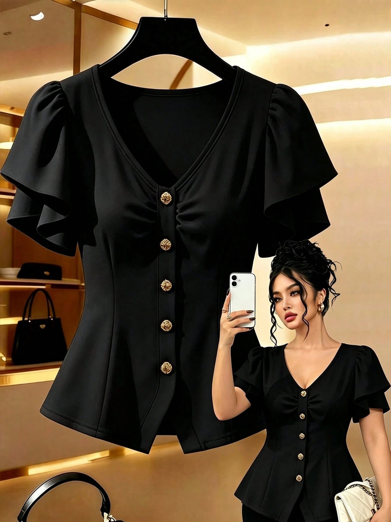 GlowEve CURVE Plus Size Women's Apricot Solid Color V-Neck Waist A-Line Design Elegant Blouse, Suitable For Professional, Formal, Casual, Travel, Party, Spring/Summer