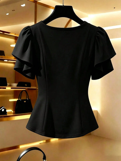 GlowEve CURVE Plus Size Women's Apricot Solid Color V-Neck Waist A-Line Design Elegant Blouse, Suitable For Professional, Formal, Casual, Travel, Party, Spring/Summer