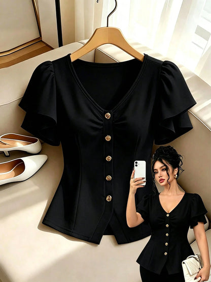 GlowEve CURVE Plus Size Women's Apricot Solid Color V-Neck Waist A-Line Design Elegant Blouse, Suitable For Professional, Formal, Casual, Travel, Party, Spring/Summer