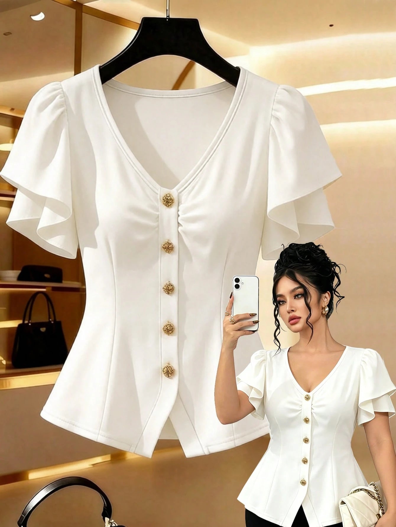GlowEve CURVE Plus Size Women's Apricot Solid Color V-Neck Waist A-Line Design Elegant Blouse, Suitable For Professional, Formal, Casual, Travel, Party, Spring/Summer