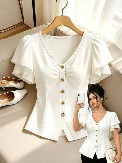 GlowEve CURVE Plus Size Women's Apricot Solid Color V-Neck Waist A-Line Design Elegant Blouse, Suitable For Professional, Formal, Casual, Travel, Party, Spring/Summer