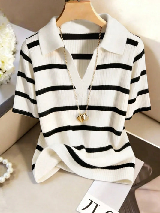 GlowEve CURVE Plus Size Women's Classic Striped Casual T-Shirt, Fashionable And Elegant