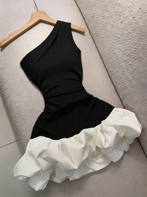 GlowEve Women's Black White Color Block One Shoulder Mini Dress, Ruched High Waist Slim Bodycon Dress, Puff Bubble Hem, Elegant Daily Casual Dress, Dating Vacation Outfit, Office Commuter Summer Party