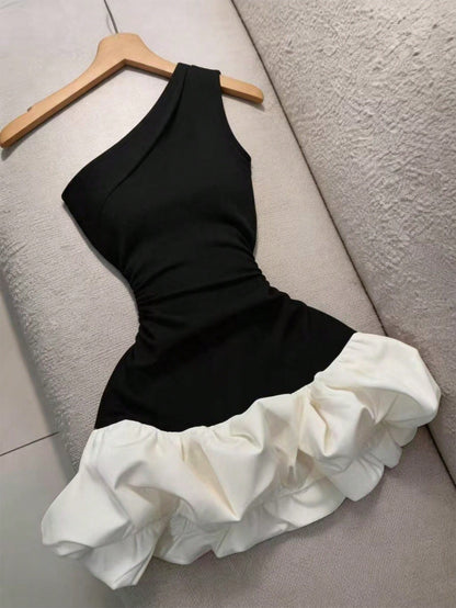 GlowEve Women's Black White Color Block One Shoulder Mini Dress, Ruched High Waist Slim Bodycon Dress, Puff Bubble Hem, Elegant Daily Casual Dress, Dating Vacation Outfit, Office Commuter Summer Party