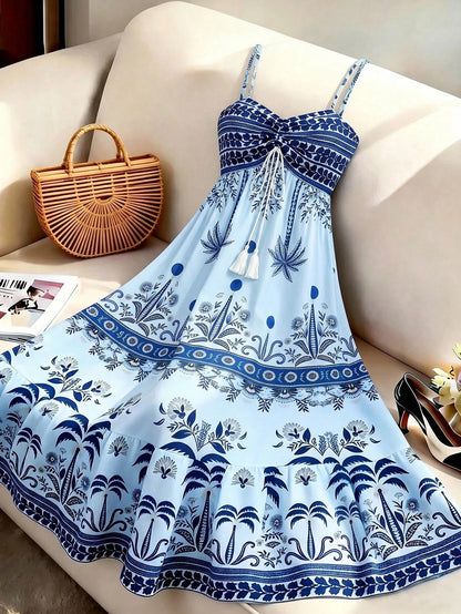 GlowEve Women's Printed Tie-Neck Cinched Waist A-Line Sleeveless Maxi Dress,Light Blue,Summer,Tropical,Holiday,Vacation,Holiday,French Street Style Retro