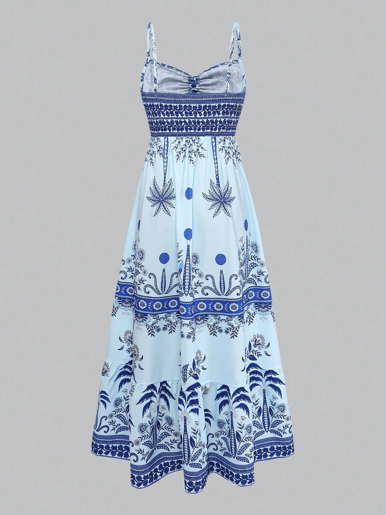 GlowEve Women's Printed Tie-Neck Cinched Waist A-Line Sleeveless Maxi Dress,Light Blue,Summer,Tropical,Holiday,Vacation,Holiday,French Street Style Retro