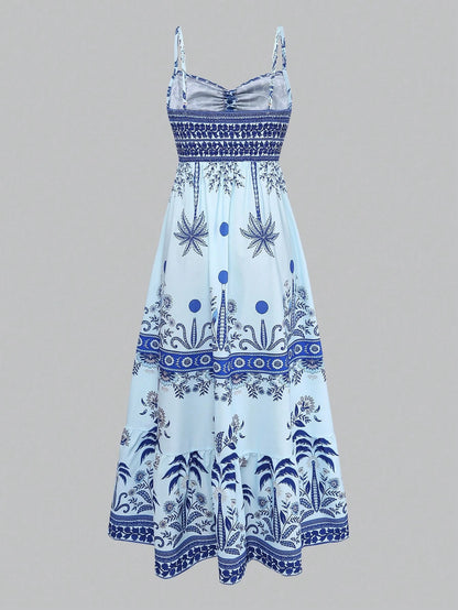 GlowEve Women's Printed Tie-Neck Cinched Waist A-Line Sleeveless Maxi Dress,Light Blue,Summer,Tropical,Holiday,Vacation,Holiday,French Street Style Retro