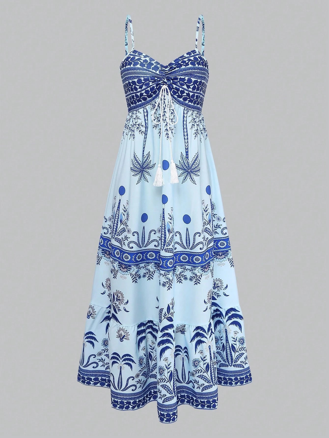 GlowEve Women's Printed Tie-Neck Cinched Waist A-Line Sleeveless Maxi Dress,Light Blue,Summer,Tropical,Holiday,Vacation,Holiday,French Street Style Retro