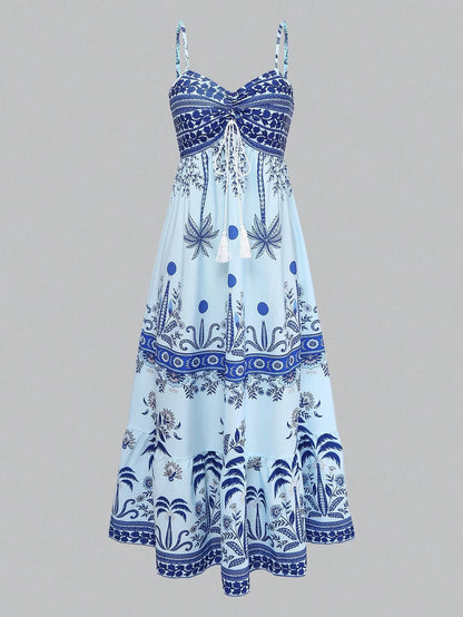 GlowEve Women's Printed Tie-Neck Cinched Waist A-Line Sleeveless Maxi Dress,Light Blue,Summer,Tropical,Holiday,Vacation,Holiday,French Street Style Retro
