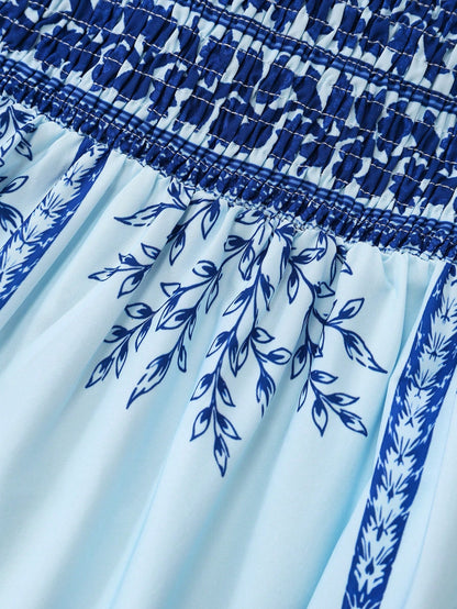 GlowEve Women's Printed Tie-Neck Cinched Waist A-Line Sleeveless Maxi Dress,Light Blue,Summer,Tropical,Holiday,Vacation,Holiday,French Street Style Retro