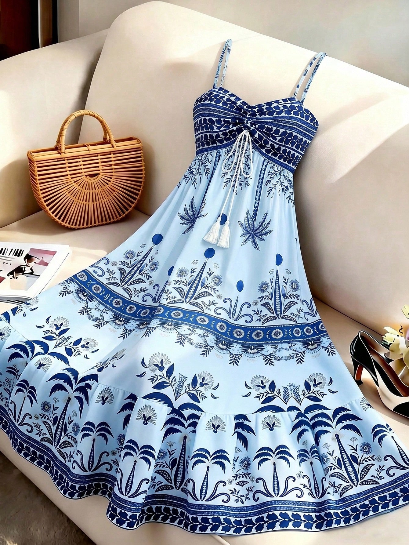 GlowEve Women's Printed Tie-Neck Cinched Waist A-Line Sleeveless Maxi Dress,Light Blue,Summer,Tropical,Holiday,Vacation,Holiday,French Street Style Retro