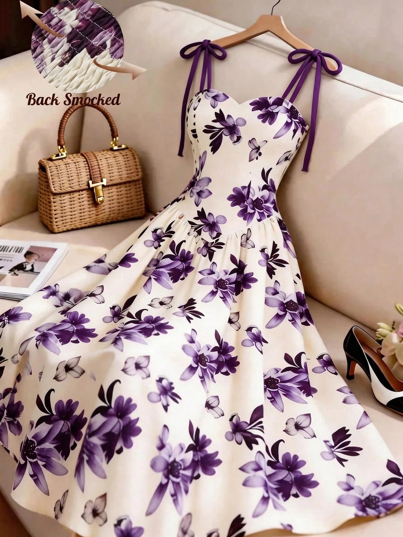 GlowEve Women's Purple Floral,Summer,Elegant,Tea Party Apricot Brown Pattern Spaghetti Strap Waist A-Line Dress,French Bohemian Beach Holiday Music Festival