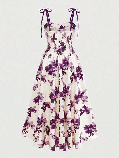 GlowEve Women's Purple Floral,Summer,Elegant,Tea Party Apricot Brown Pattern Spaghetti Strap Waist A-Line Dress,French Bohemian Beach Holiday Music Festival