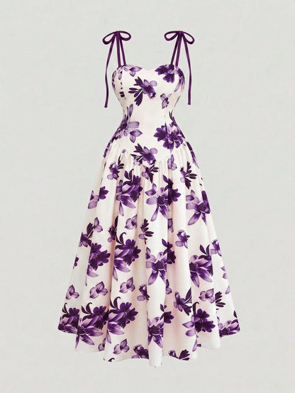 GlowEve Women's Purple Floral,Summer,Elegant,Tea Party Apricot Brown Pattern Spaghetti Strap Waist A-Line Dress,French Bohemian Beach Holiday Music Festival