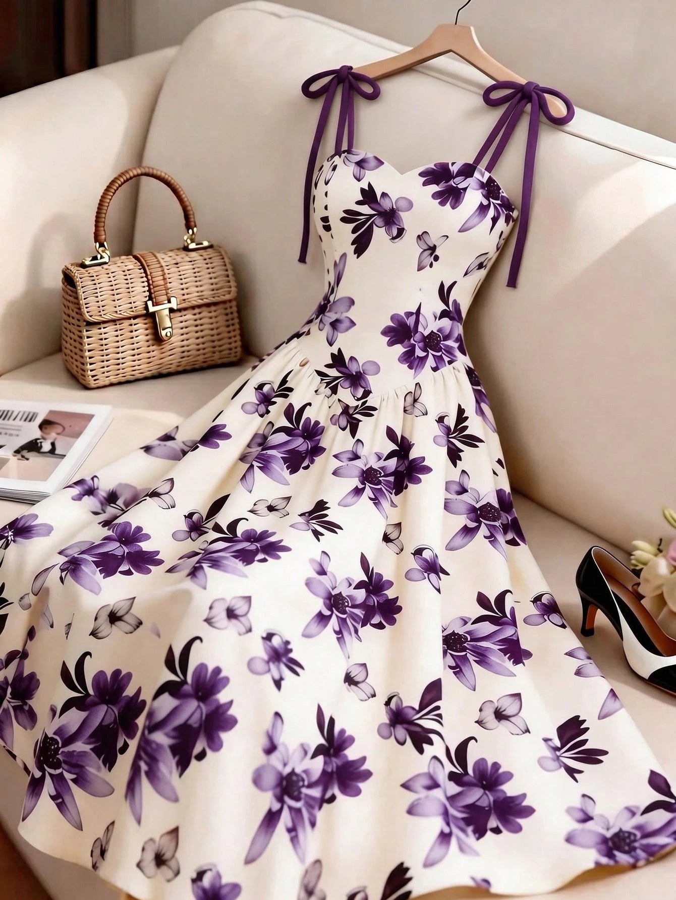 GlowEve Women's Purple Floral,Summer,Elegant,Tea Party Apricot Brown Pattern Spaghetti Strap Waist A-Line Dress,French Bohemian Beach Holiday Music Festival