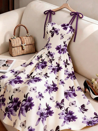 GlowEve Women's Purple Floral,Summer,Elegant,Tea Party Apricot Brown Pattern Spaghetti Strap Waist A-Line Dress,French Bohemian Beach Holiday Music Festival
