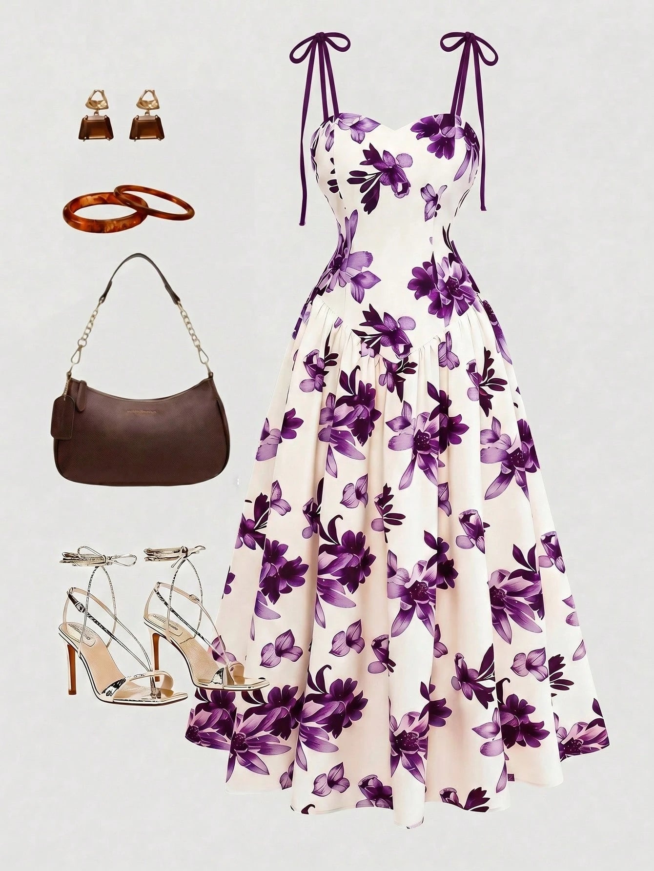 GlowEve Women's Purple Floral,Summer,Elegant,Tea Party Apricot Brown Pattern Spaghetti Strap Waist A-Line Dress,French Bohemian Beach Holiday Music Festival