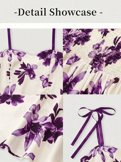 GlowEve Women's Purple Floral,Summer,Elegant,Tea Party Apricot Brown Pattern Spaghetti Strap Waist A-Line Dress,French Bohemian Beach Holiday Music Festival