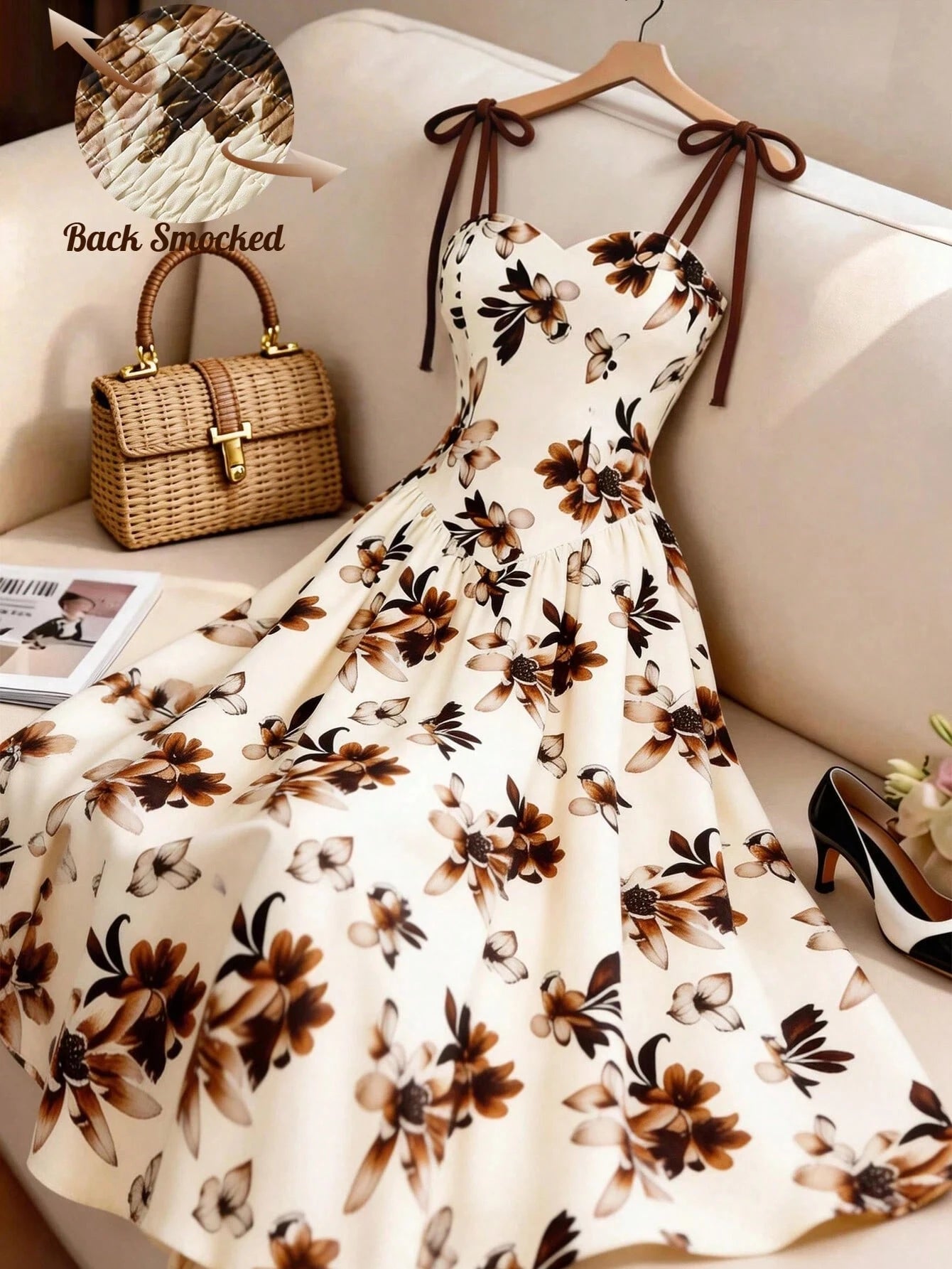 GlowEve Women's Purple Floral,Summer,Elegant,Tea Party Apricot Brown Pattern Spaghetti Strap Waist A-Line Dress,French Bohemian Beach Holiday Music Festival