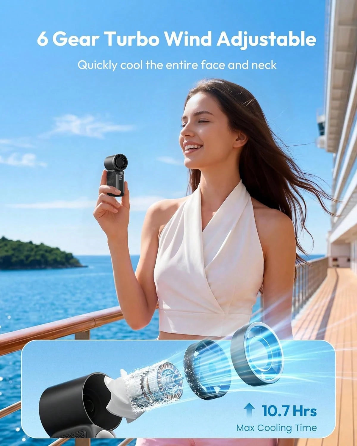 GMOX White Portable Fan| 6-Speed USB Rechargeable Pocket Fan With LED Display & Lanyard Travel & Makeup