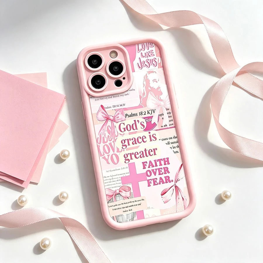 Gods Grace Is Greater Than Fear Pink Phone Case For IPhone X/XS/11/12/13/14/15/16 Pro-Anti-Scratch With Full Camera Protection- Stylish & Durable-Cute Aesthetic Gift For Girls,Women