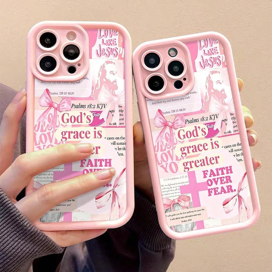 Gods Grace Is Greater Than Fear Pink Phone Case For IPhone X/XS/11/12/13/14/15/16 Pro-Anti-Scratch With Full Camera Protection- Stylish & Durable-Cute Aesthetic Gift For Girls,Women