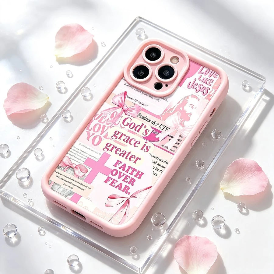 Gods Grace Is Greater Than Fear Pink Phone Case For IPhone X/XS/11/12/13/14/15/16 Pro-Anti-Scratch With Full Camera Protection- Stylish & Durable-Cute Aesthetic Gift For Girls,Women