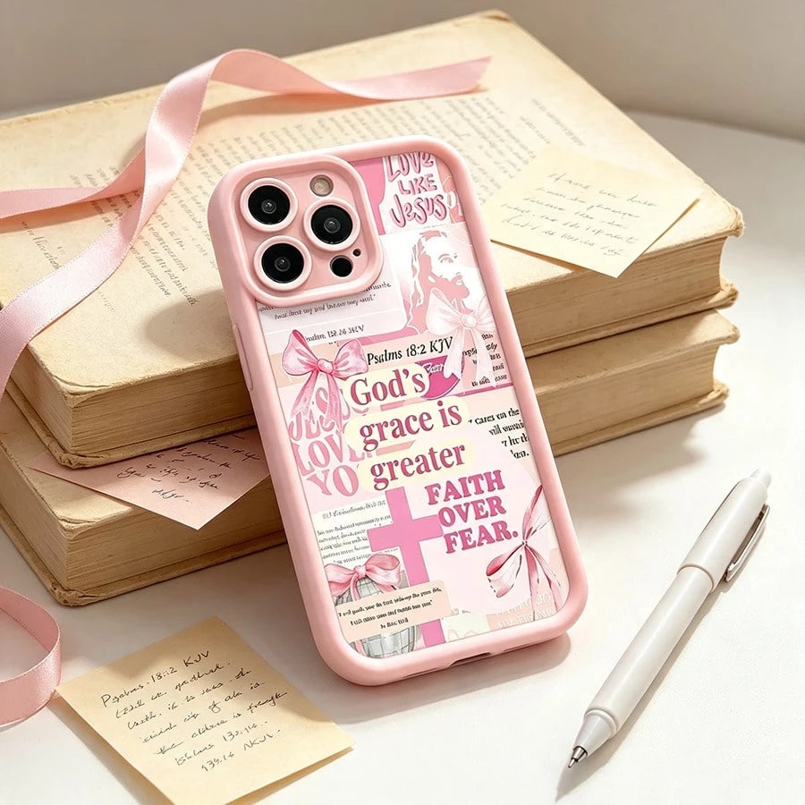 Gods Grace Is Greater Than Fear Pink Phone Case For IPhone X/XS/11/12/13/14/15/16 Pro-Anti-Scratch With Full Camera Protection- Stylish & Durable-Cute Aesthetic Gift For Girls,Women