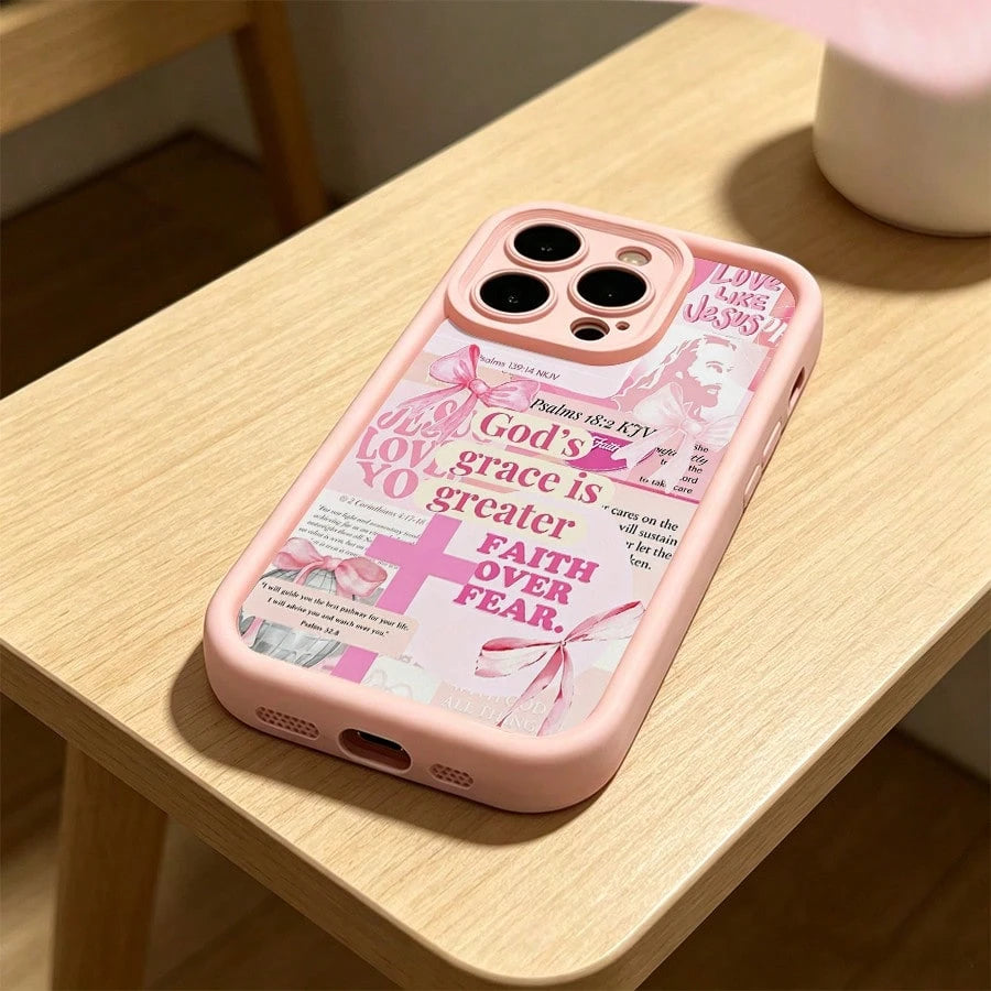 Gods Grace Is Greater Than Fear Pink Phone Case For IPhone X/XS/11/12/13/14/15/16 Pro-Anti-Scratch With Full Camera Protection- Stylish & Durable-Cute Aesthetic Gift For Girls,Women