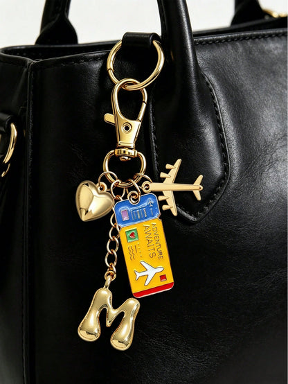 Gold Bubble Letter Personalized Airplane Travel Pendant- Perfect Gift For Pilots And Flight Attendants- Bag Charm- World Traveler Souvenir- Boarding Pass, Personalized Luggage Tag, Bag And Accesso