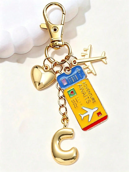 Gold Bubble Letter Personalized Airplane Travel Pendant- Perfect Gift For Pilots And Flight Attendants- Bag Charm- World Traveler Souvenir- Boarding Pass, Personalized Luggage Tag, Bag And Accesso