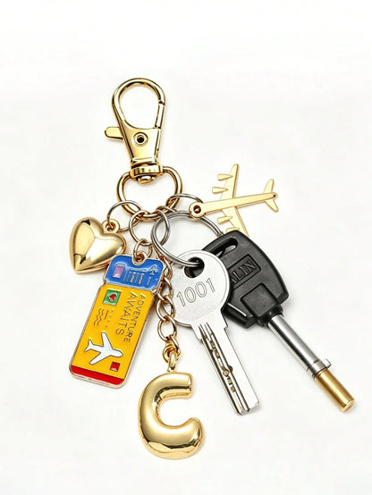 Gold Bubble Letter Personalized Airplane Travel Pendant- Perfect Gift For Pilots And Flight Attendants- Bag Charm- World Traveler Souvenir- Boarding Pass, Personalized Luggage Tag, Bag And Accesso