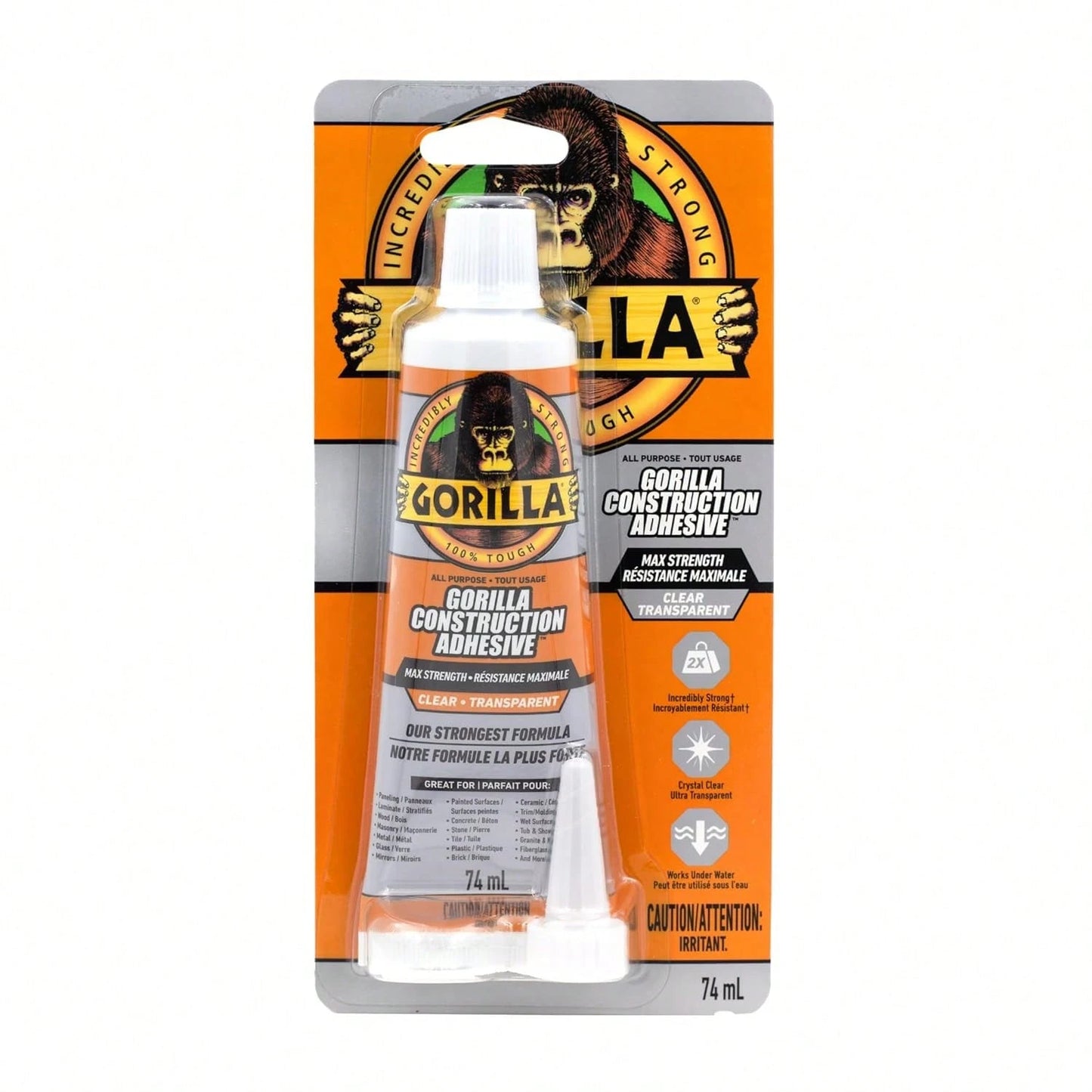 Gorilla Max Strength Construction Adhesive, Clear Glue, 2.5 Ounce Squeeze Tube (Pack Of 1)- Gap Filling And Waterproof
