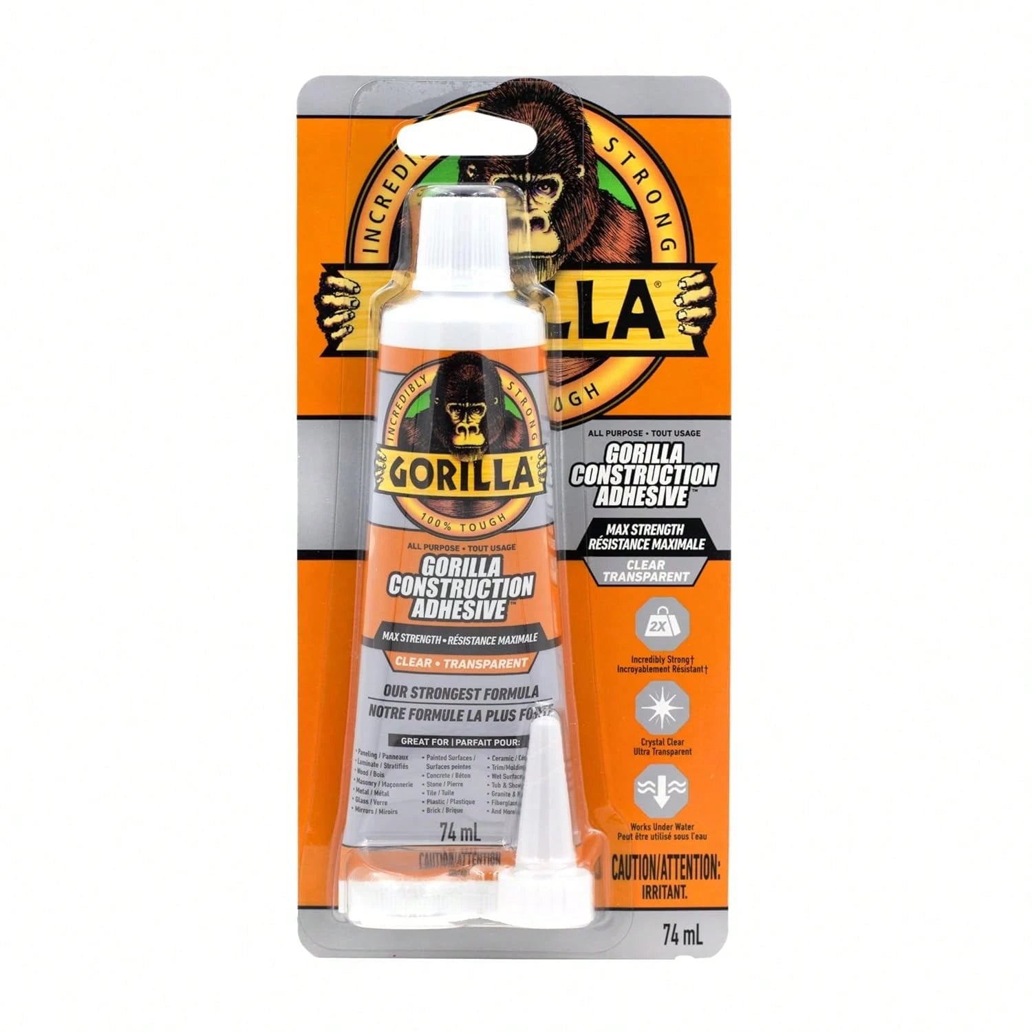 Gorilla Max Strength Construction Adhesive, Clear Glue, 2.5 Ounce Squeeze Tube (Pack Of 1)- Gap Filling And Waterproof