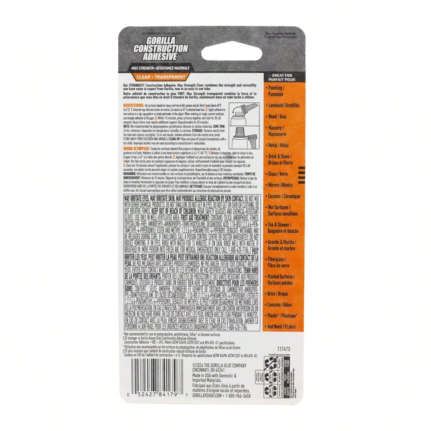 Gorilla Max Strength Construction Adhesive, Clear Glue, 2.5 Ounce Squeeze Tube (Pack Of 1)- Gap Filling And Waterproof