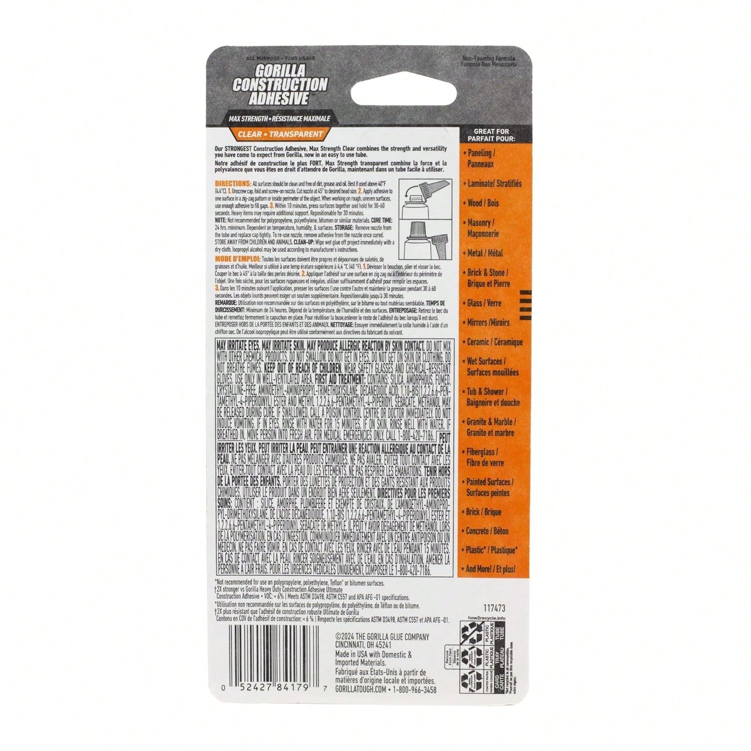 Gorilla Max Strength Construction Adhesive, Clear Glue, 2.5 Ounce Squeeze Tube (Pack Of 1)- Gap Filling And Waterproof