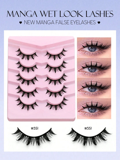 GROINNEYA 5 Pairs Manga Lashes Faux Mink Lashes Anime Lashes Natural Look Enlarged Double Eye Fake Lashes Cosplay Makeup Tool (5-S1) Strip Lashes, Lashes, Eyelashes, Fake Lashes