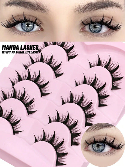 GROINNEYA 5 Pairs Manga Lashes Faux Mink Lashes Anime Lashes Natural Look Enlarged Double Eye Fake Lashes Cosplay Makeup Tool (5-S1) Strip Lashes, Lashes, Eyelashes, Fake Lashes