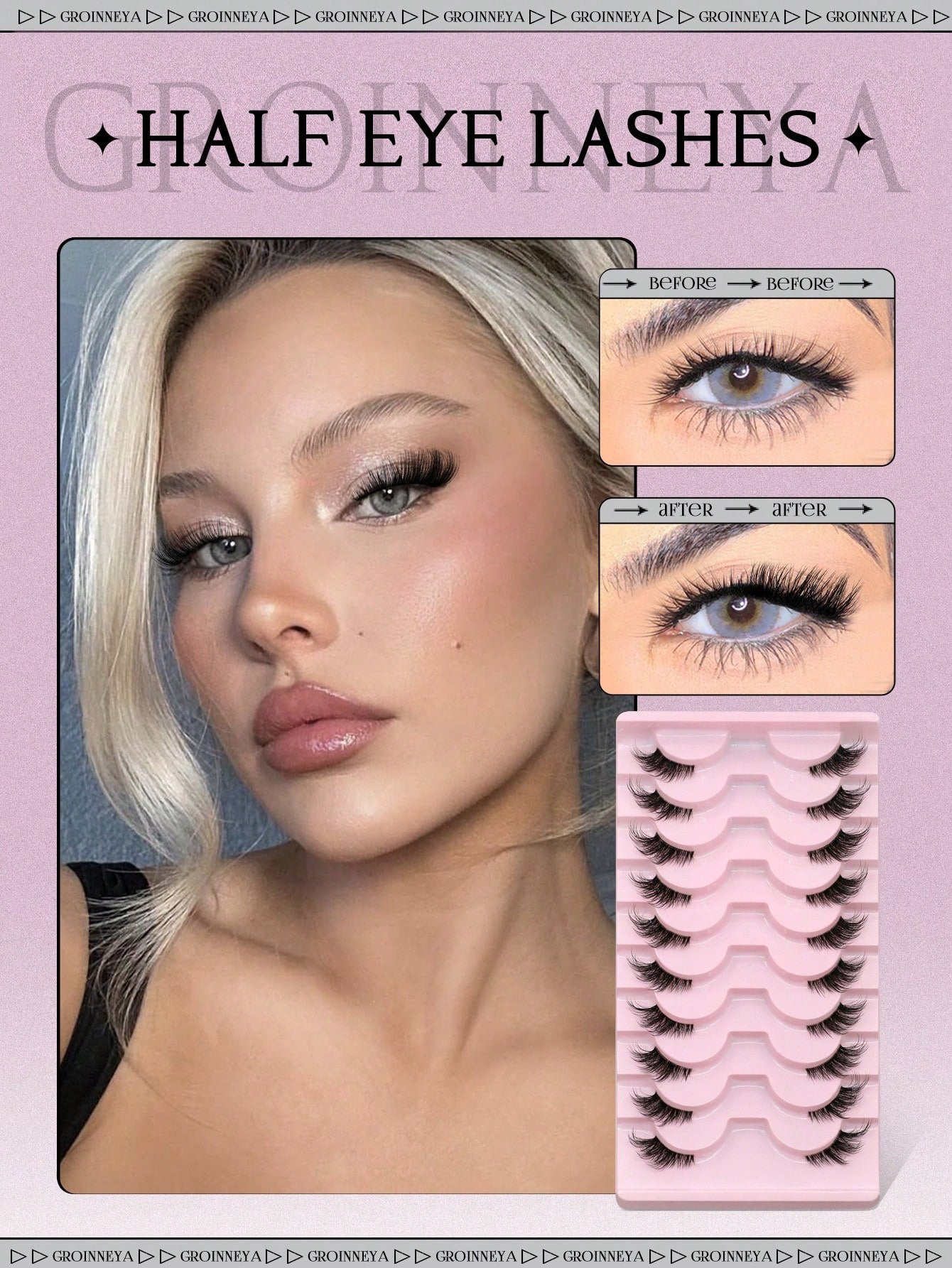 GROINNEYA 9 Pairs Half-Strip Transparent Band Cat Eye False Eyelashes, Short Soft 3D Mink Lashes For Natural Makeup (F29), Eyelash Extensions